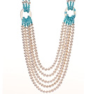 Fashion Multi Strands Link Style White Freshwater Pearl Blue Jade And Hollow Agate Beads Necklace