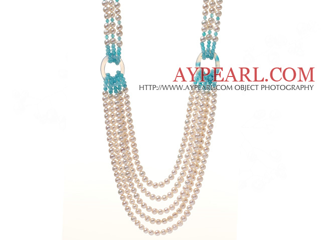 Fashion Multi Strands Link Style White Freshwater Pearl Blue Jade And Hollow Agate Beads Necklace