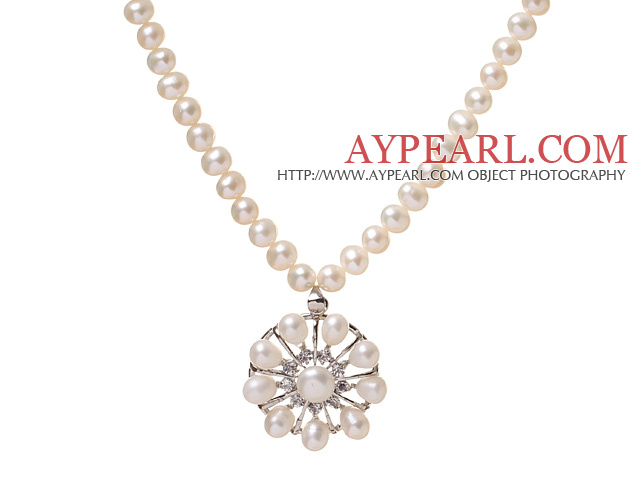 Mode Single Strand Natural White Freshwater Pearl Zircon Pendant Necklace