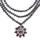 Fashion Three-Strand Natural Black Freshwater Pearl Zircon Pendant Necklace