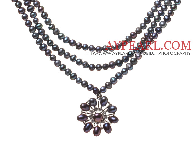 Fashion Three-Strand Natural Black Freshwater Pearl Zircon Pendant Necklace