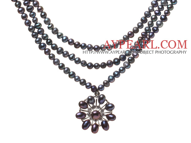 Fashion Tre -Strand Natural Svart Ferskvann Pearl Zircon anheng halskjede