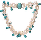 Fashion Multi Strands Cluster Style White Freshwater Pearl And Teardrop Green Turquoise Necklace With Egg Shape Turquoise Clasp