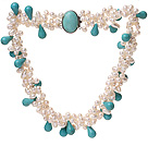 Mode multi brins style Cluster blanc perle d'eau douce et de larme collier vert turquoise avec en forme d'oeuf turquoise fermoir