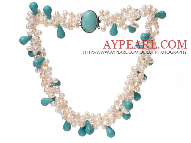 Fashion Multi Strands Cluster Style White Freshwater Pearl And Teardrop Green Turquoise Necklace With Egg Shape Turquoise Clasp