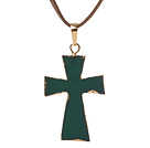 Wholesale Fashion Golden Wired Wrap Green Agate Cross Pendant Necklace With Brown Suede Leather