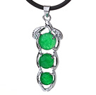 Nice Round Green Inlaid Malaysian Jade Kidney Bean Pendant Necklace With Black Leather
