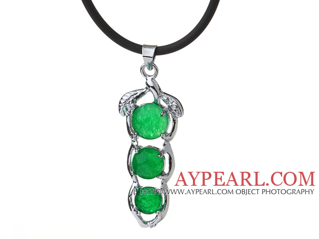 Nice Round Green Inlaid Malaysian Jade Kidney Bean Pendant Necklace With Black Leather