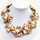 Beautiful Yellow Series 9 Pearl Shell Flowers Leather Necklace