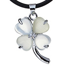 Fashion Inlaid White Heart Shape Cats Eye Four Leaf Clover Zincon Pendant Necklace With Black Leather