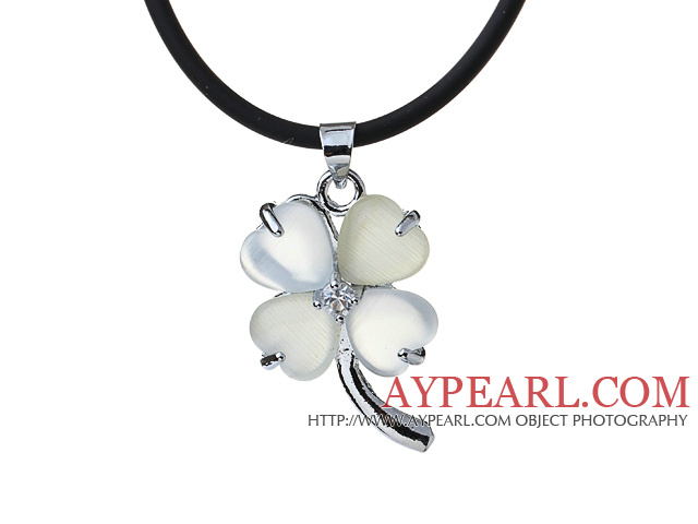 Fashion Inlaid White Heart Shape Cats Eye Four Leaf Clover Zincon Pendant Necklace With Black Leather