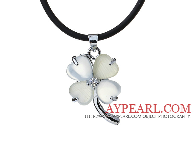 Mode incrusté Blanc Coeur Cats Eye Four Leaf Clover collier pendentif Zincon de cuir noir