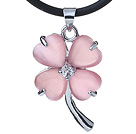 Fashion Inlaid PInk Heart Shape Cats Eye Four Leaf Clover Zincon Pendant Necklace With Black Leather