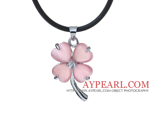 Fashion Inlaid PInk Heart Shape Cats Eye Four Leaf Clover Zincon Pendant Necklace With Black Leather