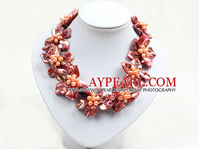 Beautiful Orange Series 9 Pearl Shell Flowers Leather Necklace