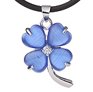 Fashion Inlaid Dark Blue Heart Shape Cats Eye Four Leaf Clover Zincon Pendant Necklace With Black Leather