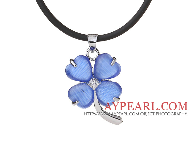 Fashion Inlaid Dark Blue Heart Shape Cats Eye Four Leaf Clover Zincon Pendant Necklace With Black Leather