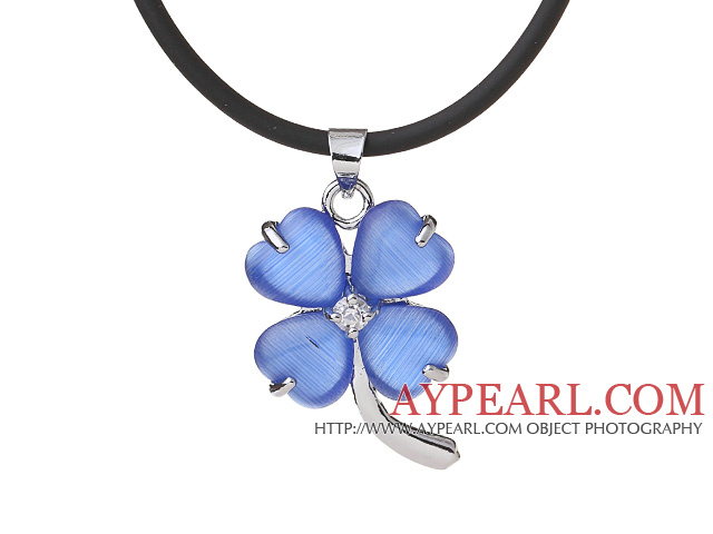 Mode incrusté Dark Blue Coeur Cats Eye Four Leaf Clover collier pendentif Zincon de cuir noir