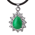 Beautiful Teardrop Green Inlaid Malaysian Jade Zircon Pendant Necklace With Black Leather