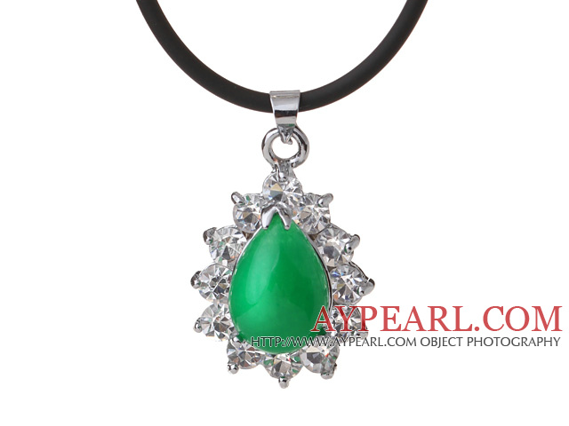 Beautiful Teardrop Green Inlaid Malaysian Jade Zircon Pendant Necklace With Black Leather