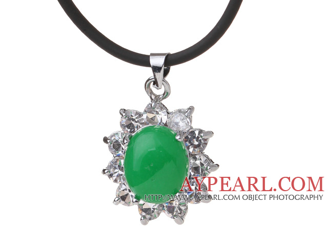 Beautiful Oval Shape Green Inlaid Malaysian Jade Zircon Pendant Necklace With Black Leather