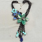 Terrific Multi Strand Black Crystal Green & Blue Agate Turquoise Flower Party Necklace
