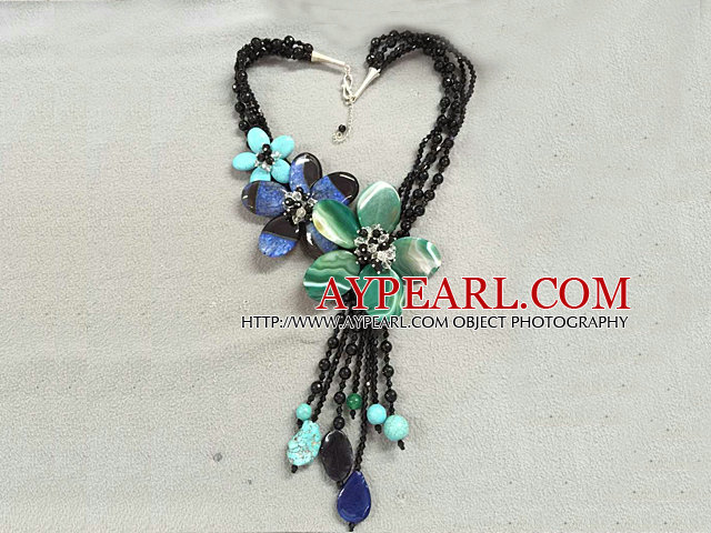 Terrific multi Strand Cristal Noir Vert & Bleu Turquoise Agate Collier Parti Fleur