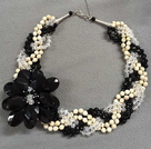 Elegant Multi Strand Natural White Howlite Clear & Black Crystal Flower Twisted Necklace