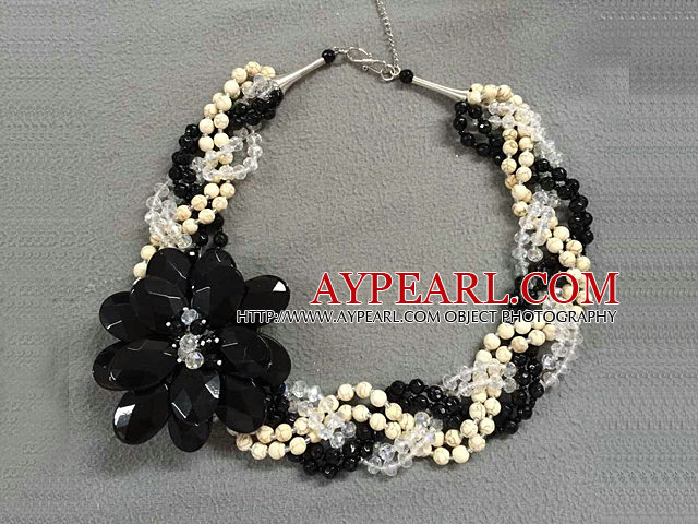 Elegant Multi Strand alb natural Haolitul Clear & Black floare de cristal colier Twisted