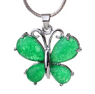 Wholesale Lovely Butterfly Shape Green Inlaid Teardrop Malaysian Jade Pendant Necklace With Metal Chain