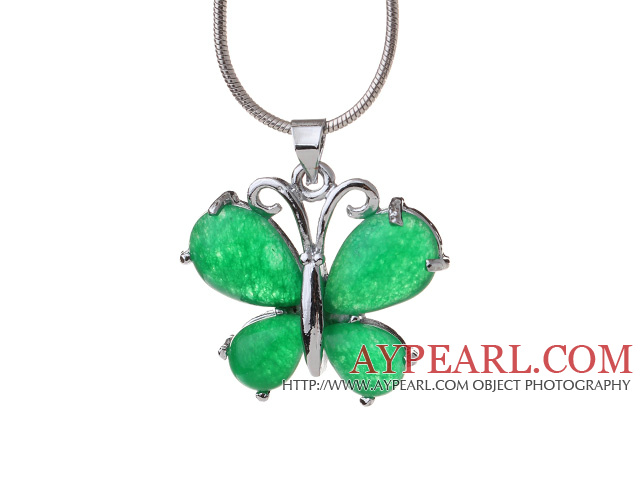Lovely Butterfly Shape Green Inlaid Teardrop Malaysian Jade Pendant Necklace With Metal Chain