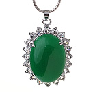 Lovely Inlaid Oval Shape Green Malaysian Jade Zircon Pendant Necklace With Metal Chain