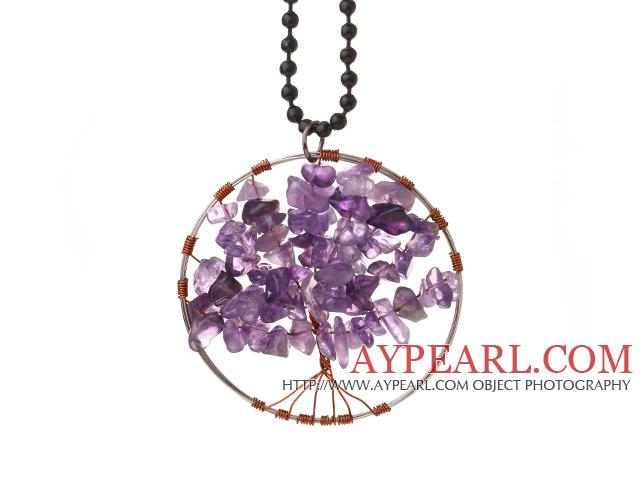 Fashion Large Loop Round Chipped Amethyst Wishing Tree Pendant Necklace With Black Beads Strand