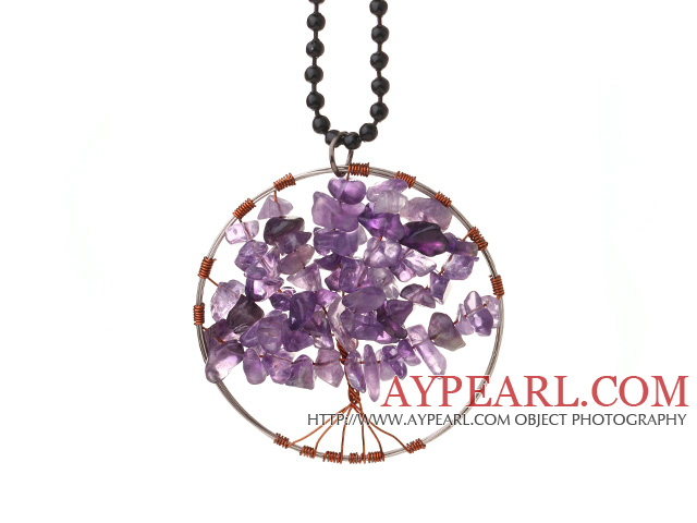 Fashion Μεγάλο Loop Round Chipped Αμέθυστος Wishing Tree κρεμαστό κολιέ με Μαύρες χάντρες Strand