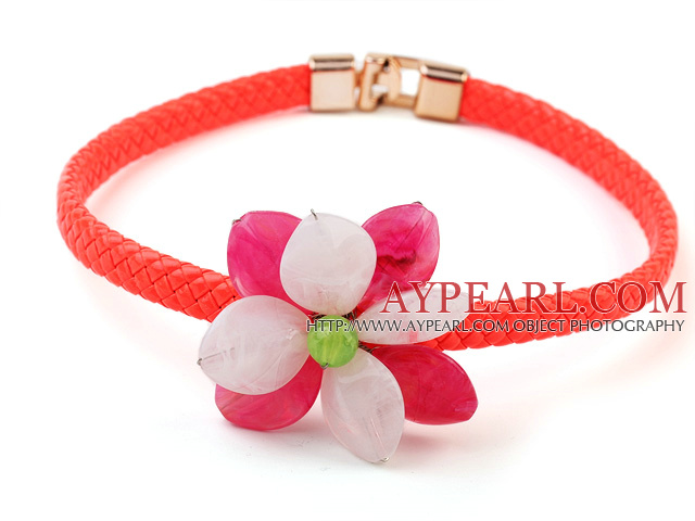 Lovely Pink And Rose Acrylic Flower Choker Necklace With Orange Leather