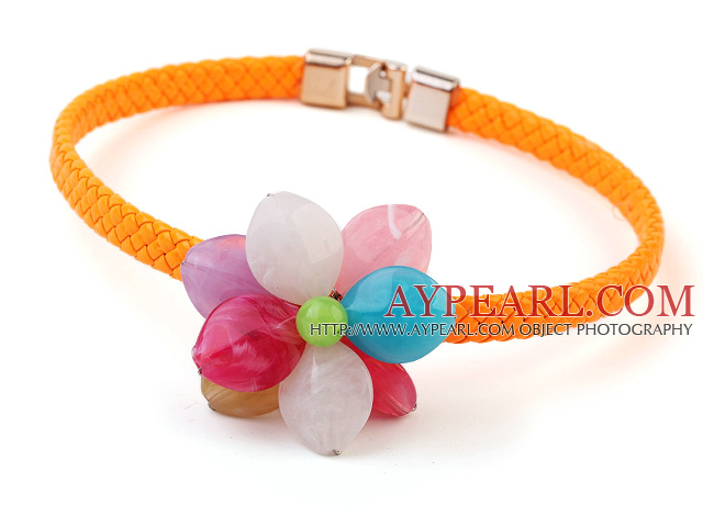 Belle coloré acrylique Collier ras du cou fleur unique avec cuir orange