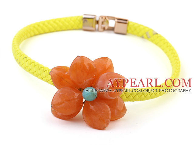Lovely Single Orange Acrylic Flower Choker Necklace With Yellow Leather