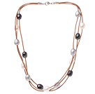 Fashion Multi Strand Multi Color 10-11mm Natural Freshwater Pearl Necklace With Brown Leather