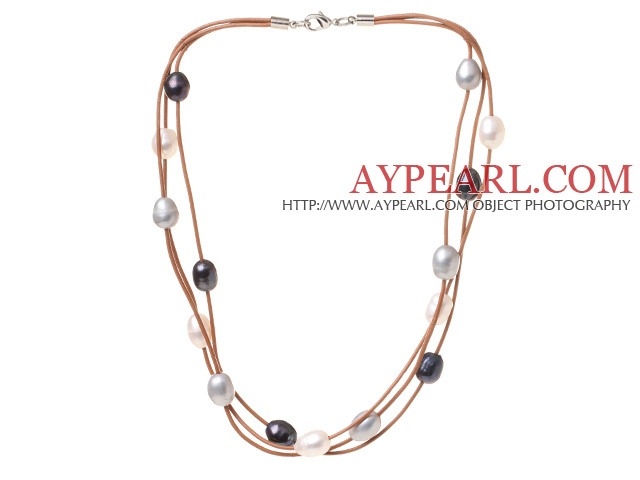 Fashion Multi Strand Multi Color 10-11mm Natural Freshwater Pearl Necklace With Brown Leather