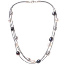 Fashion Multi Strand Multi Color 10-11mm Natural Freshwater Pearl Necklace With Gray Leather