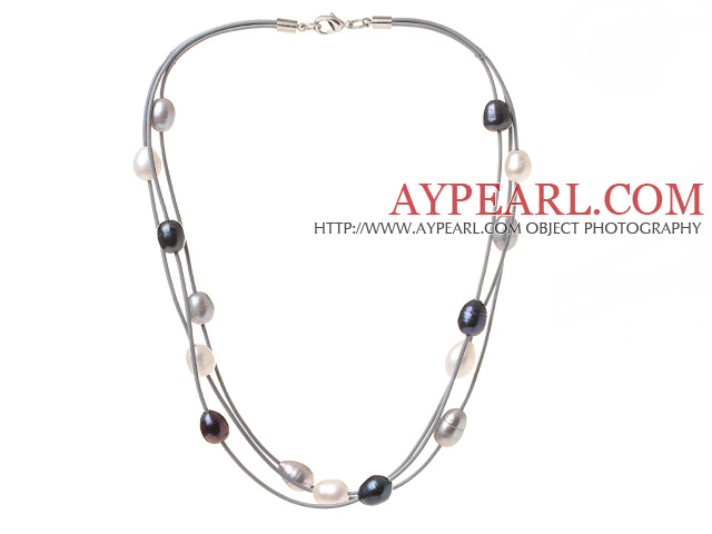 Fashion Multi Strand Multi Color 10 - 11mm naturliga sötvatten pärla halsband med grå läder
