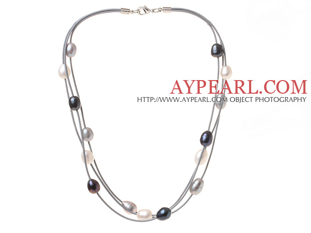 Mode multi Strand Multi Color 10 - 11mm d'eau douce normale de collier de perle de gris en cuir