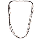 Fashion Multi Strands Natural 10-11mm White Freshwater Pearl Necklace With Black Leather