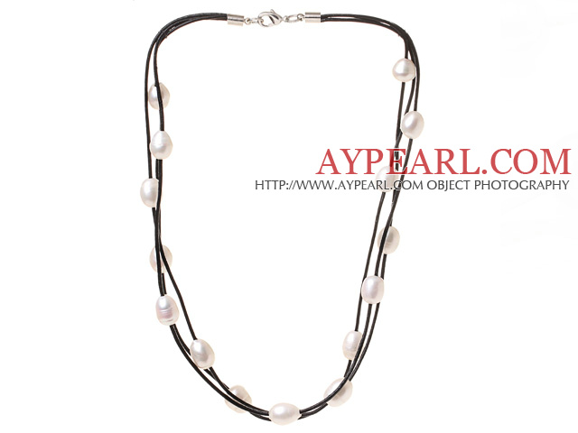 Fashion Multi Strands Natural 10 - 11mm sötvatten pärla halsband med svart läder