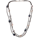 Fashion Multi Strand Multi Color 10-11mm Natural Freshwater Pearl Necklace With Black Leather