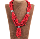 Nice Y Shape Bright Red Coral Chips Necklace with Alloyed Ball Accessory