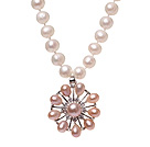 Fashion Natural White Freshwater Pearl Strand Necklace With Pink Pearl Rhinestone Flower Pendant (No Box)