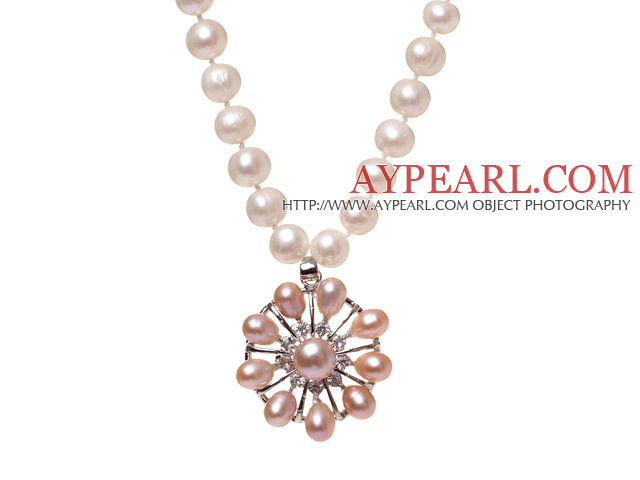 Fashion Natural White Freshwater Pearl Strand Necklace With Pink Pearl Rhinestone Flower Pendant (No Box)