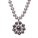 Fashion Natural Gray Freshwater Pearl Strand Necklace With Dark Purple Pearl Rhinestone Pendant (No Box)