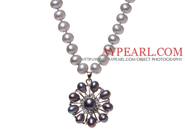 Fashion Natural Gray Freshwater Pearl Strand Necklace With Dark Purple Pearl Rhinestone Pendant (No Box)